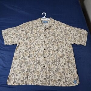 Bermuda Bay Shirt Mens Large Beige 100% Silk Hawaiian Floral Camp Button Up